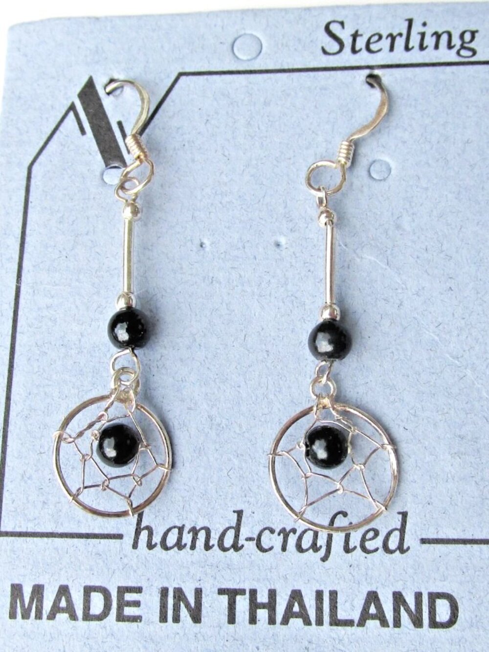 NEW On Card Sterling Silver & Black Onyx DREAMCATCHER Dangle Earrings